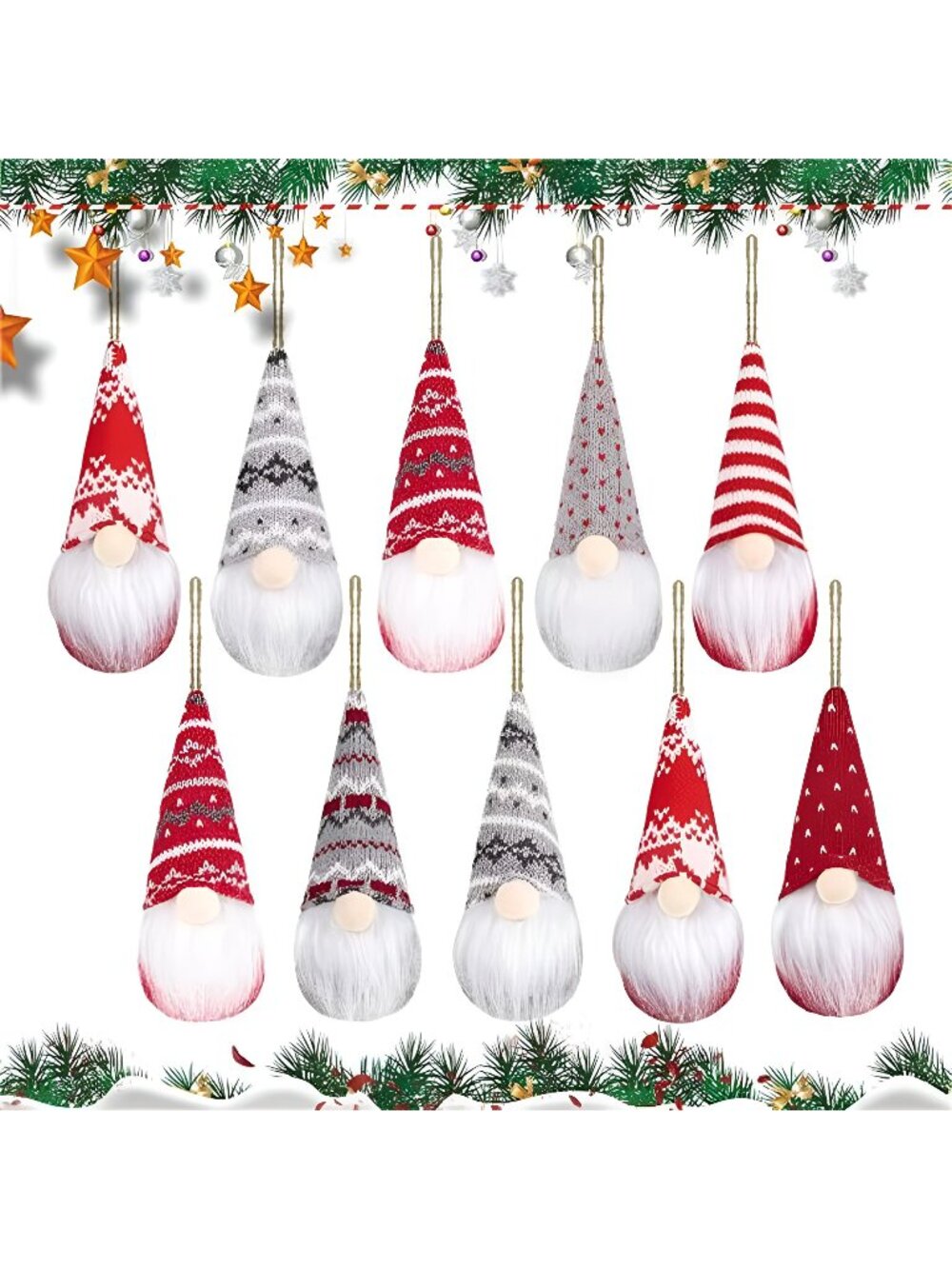 10 Pack Gnomes Christmas Tree Ornaments, Swedish Handmade Doll Elf